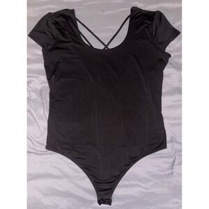 Express Body Contour Black Cap Sleeve Scoop‎ Neck Strappy Open Back Bodysuit, L